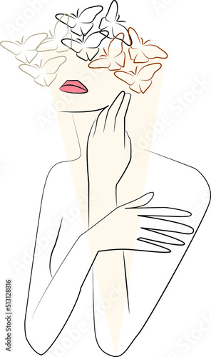 Woman head with butterfly composition. Hand-drawn vector line-art illustration. One Line style drawing.