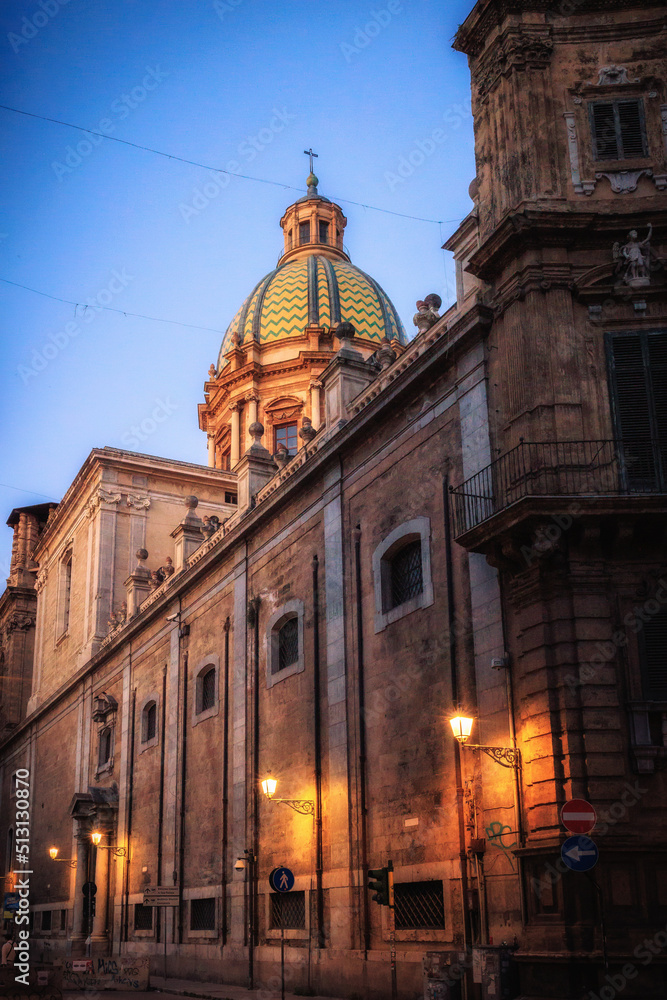 Sunrise in the Old Town of Palermo in Sicily, Italy in Europe