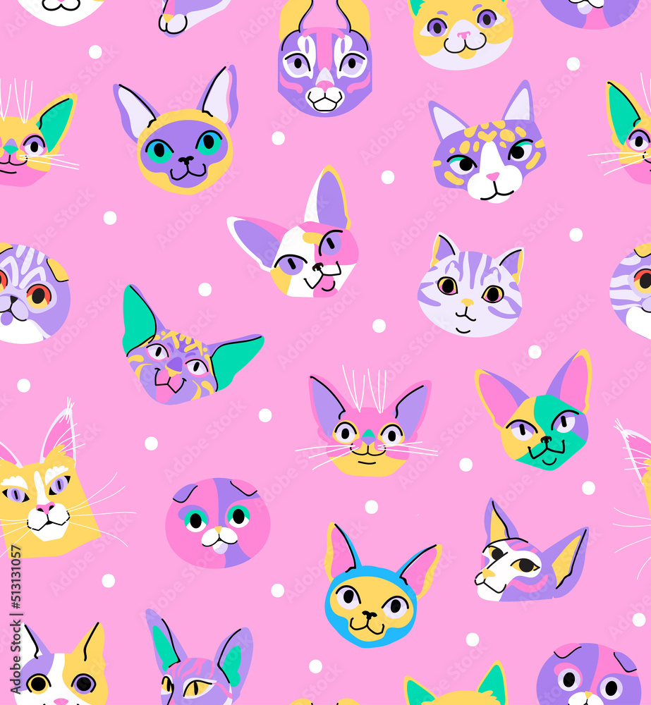 Cats heads seamless patterns on pink background. Neon bunny character illustration for print, card, fashion wear