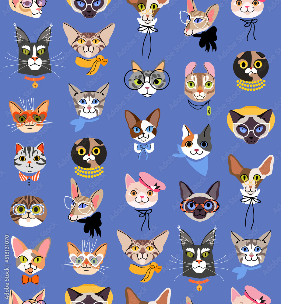 Cute cats head vector seamless pattern. Funny cat characters with glasses, hat and bow. Isolated on blue background Cute cats head vector seamless pattern. Funny cat characters with glasses, hat and bow. Isolated on blue background