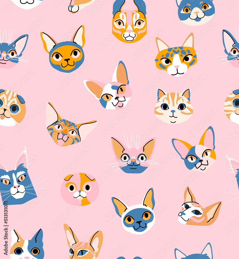 Fototapeta premium Cat head seamless vector pattern on pink background. Cute cartoon pet character. Wrapping paper, textile template. Blue background. Flat design