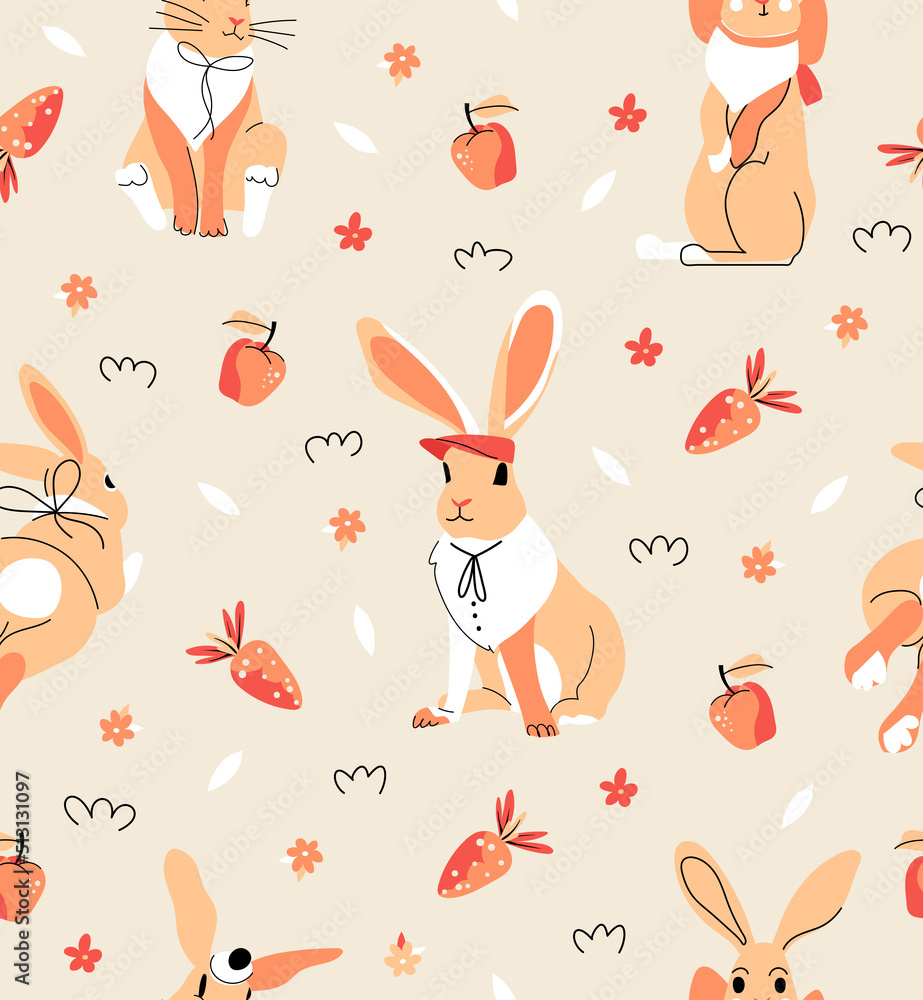 Fashion rabbit seamless vector pattern on beige background. Bunny animal character. Vector illustration for branding, package, fabric and textile, wrapping paper Fashion rabbit seamless vector pattern on beige background. Bunny animal character. Vector illustration for branding, package, fabric and textile, wrapping paper