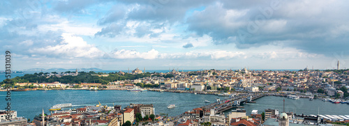 Aerial view of Isanbul old town with Galata bridge and Golden Horn bay, Turkey