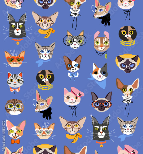 Cute cats head vector seamless pattern. Funny cat characters with glasses  hat and bow. Isolated on blue background