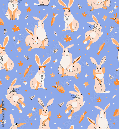 Cute rabbit seamless pattern on blue background with carrot and floral elements. Bunny animal character. Vector illustration for branding, package, fabric and textile, wrapping paper
