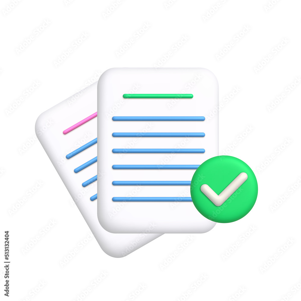 Business documents icon. Sheets of paper and check mark. Approved document concept. 3d realistic design element. Business documents icon. Sheets of paper and check mark. Approved document concept. 3d realistic design element.