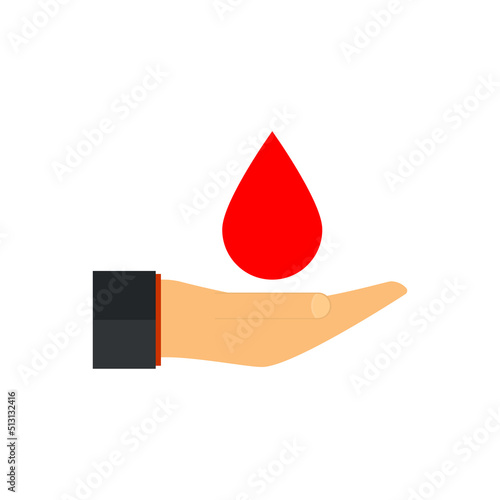 The palm of the hand with a drop of blood. Blood donation. Isolated vector illustration on white background. 