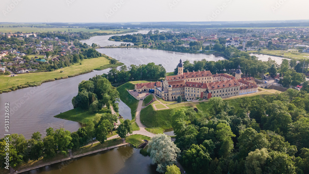 Aerial view of Nesvizh Castle, Belarus. Medieval castle and palace. Restored medieval fortress. Heritage concepts.