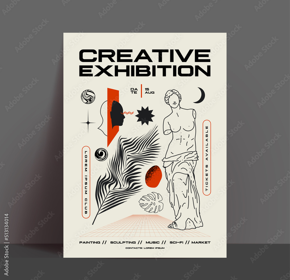 Creative exhibition flyer or poster design template with abstract art elements and shapes on white background. Vector illustration - obrazy, fototapety, plakaty 