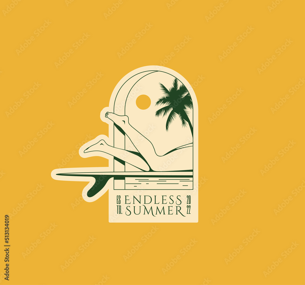 Φωτογραφία Summer vacation surfing logo or badge or label or sticker design template with girl swims on a surf in the arch