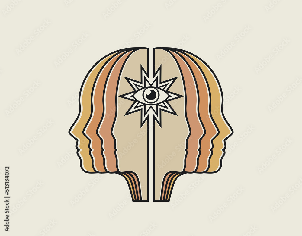Abstract mind or intelligence or thinking or intuition or idea conceptual illustration with silhouette of a head with an eye in the middle isolated on light background. Vector illustration - obrazy, fototapety, plakaty 