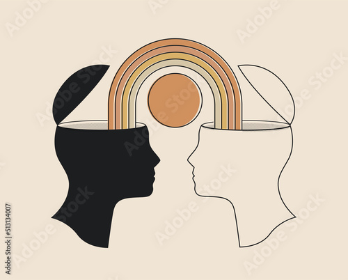 Conceptual illustration of relationships or empathy or positive emotional sharing with two heads and a rainbow between them isolated on light background. Vector illustration