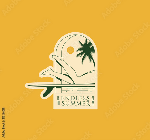 Summer vacation surfing logo or badge or label or sticker design template with girl swims on a surf in the arch. Vector illustration