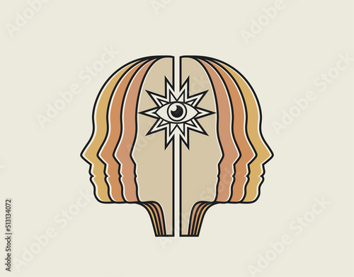 Abstract mind or intelligence or thinking or intuition or idea conceptual illustration with silhouette of a head with an eye in the middle isolated on light background. Vector illustration photo