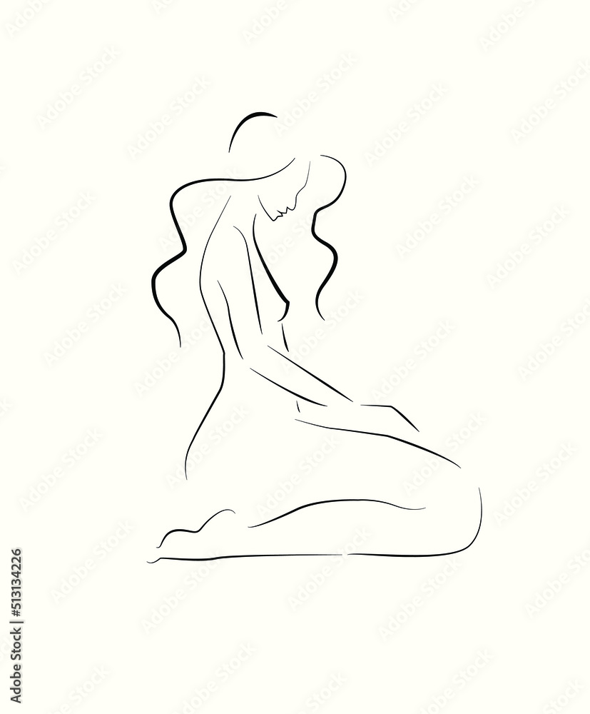 Woman sitting sideways Continuous line, drawing of face, dress and hairstyle, fashion concept, minimalist beauty woman, beautiful sexy vector illustration, contemporary portrait. Woman sitting sideways Continuous line, drawing of face, dress and hairstyle, fashion concept, minimalist beauty woman, beautiful sexy vector illustration, contemporary portrait.