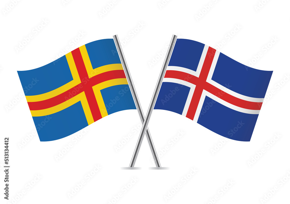 Aland Islands and Iceland crossed flags. Aland and Icelandic flags on white background. Vector icon set. Vector illustration. 