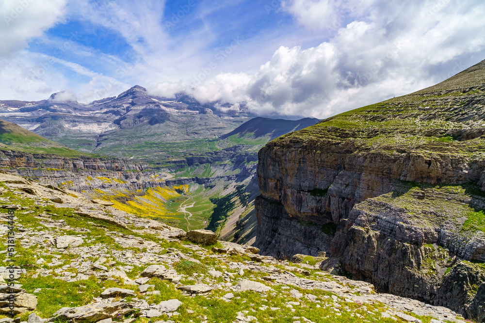 Stunning view of the Ordesa Valley with the highest peak in the background, called Monte Perdido, Pyrenees, Spain.