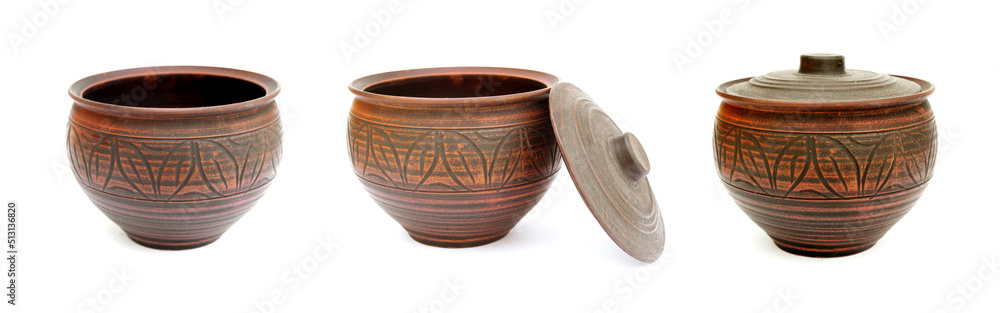 Clay pot tureen utensils for the kitchen in different states with and without a lid Clay pot tureen utensils for the kitchen in different states with and without a lid