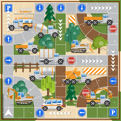 Construction of the road. Board game. Side view. Vector illustration.