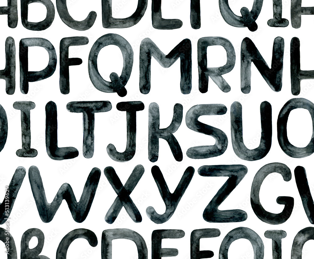 watercolor seamless pattern with english alphabet. black letters on a white background, drawing by hands. simple cartoon style watercolor seamless pattern with english alphabet. black letters on a white background, drawing by hands. simple cartoon style