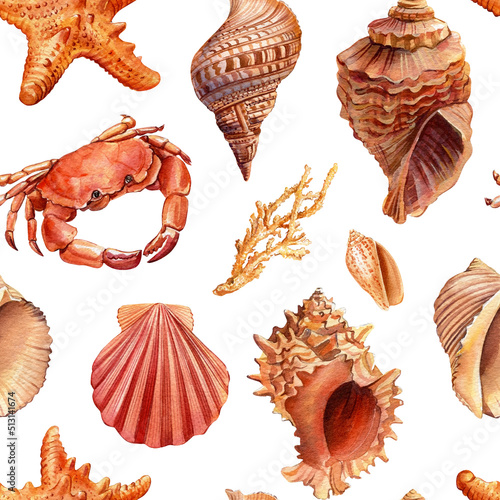 Watercolor Seamless pattern with starfish, crab, shells. Nautical background for wallpaper. 