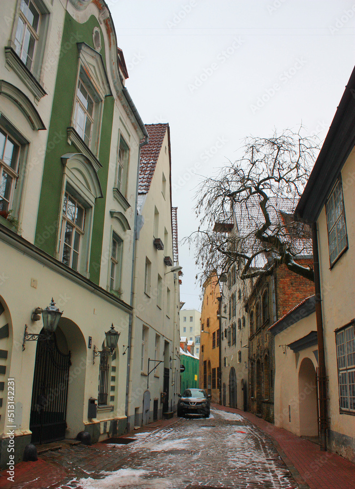Ancient houses in historical center (Old town) of Riga before Christmas, Latvia