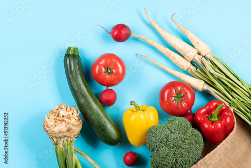 Frsh and healthy vegetables straight grom grocery farm shop in the organic bag exposed on light blue background.