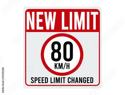 New limit 80km/h. Speed limit changed. Sign for traffic speed in red.