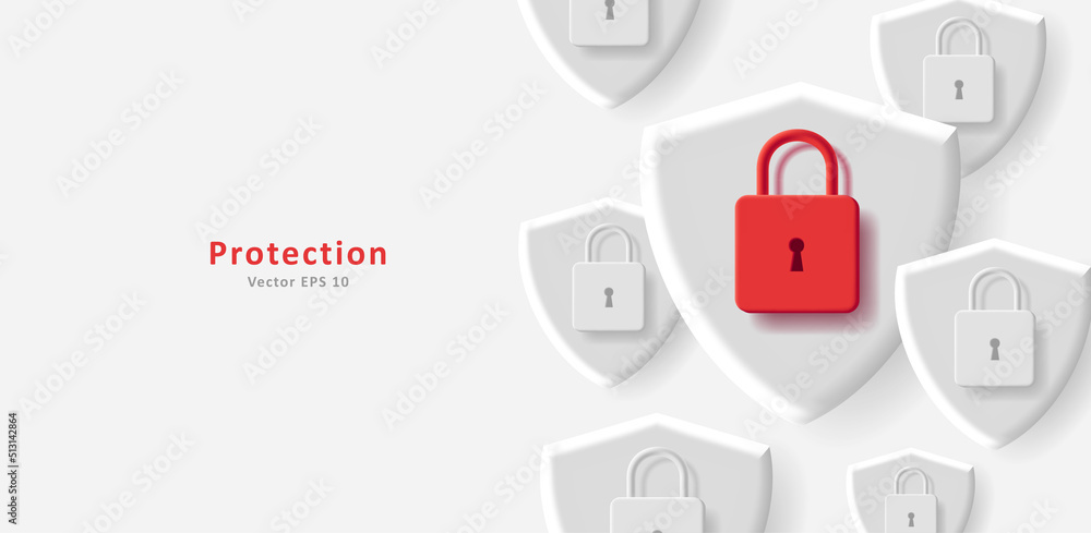 Obraz premium Web background with red padlock and 3d white shields, digital protection illustration. Vector illustration