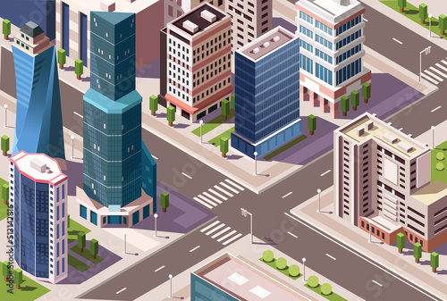 City buildings isometric street view. Empty town, clean cityscape, office district with skyscraper. Development estate plan. Road with pedestrian crosswalk. Urban design concept. Vector illustration