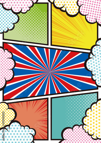 カラフルな柄の雲とコマ割りのフレーム素材