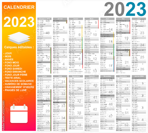Calendrier 2023 14 mois avec vacances 2023 entièrement modifiable via calques