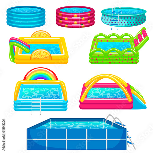 Set of inflatable swimming pools with blue water for kid, child vacation. Orange slice and colorful slide pool side. Rainbow, tubes, arch, decoration. Isolated on white background vector illustration