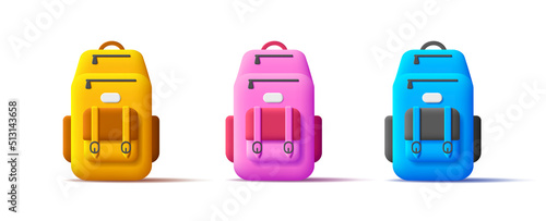 Set of colored 3d backpack icons, education or tourism equipment. Vector illustration