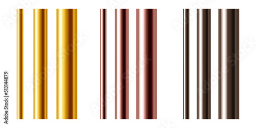 A set of of copper, cast iron, brass or gold pipes of various diameters. Realistic vector illustration isolated on white background. photo