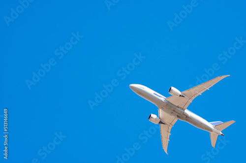 青空を飛ぶ飛行機とコピースペース
