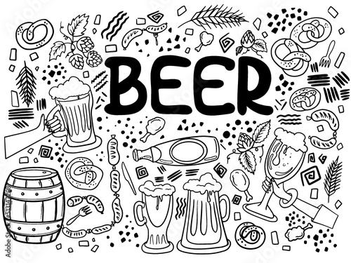 Outline vector Beer banner illustration. Hand drawn doodles of  beer snacks. Line artwork of beer, sausages, bread, wheat. Funny beer lettering.