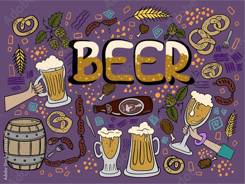  Vector Beer banner illustration. Hand drawn cartoon beer doodles and beer snacks. Colorful cartoon artwork of beer, sausages, bread, wheat. Funny beer lettering.