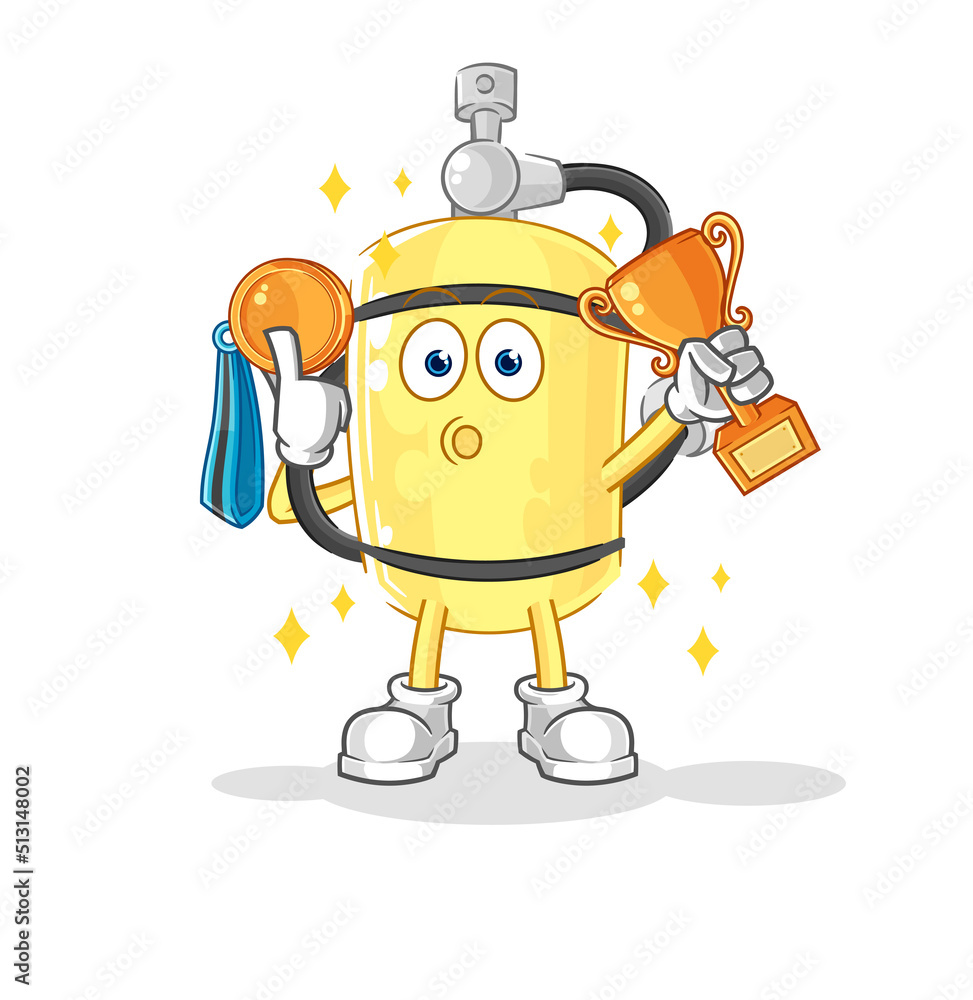 diver cylinder winner with trophie. cartoon character diver cylinder winner with trophie. cartoon character