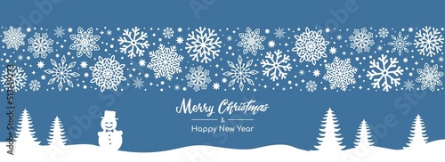 Merry Christmas and Happy New Year festive design stripe of beautiful snowflakes in linear style. Christmas decoration, blue winter background with falling snow. Vector illustration.