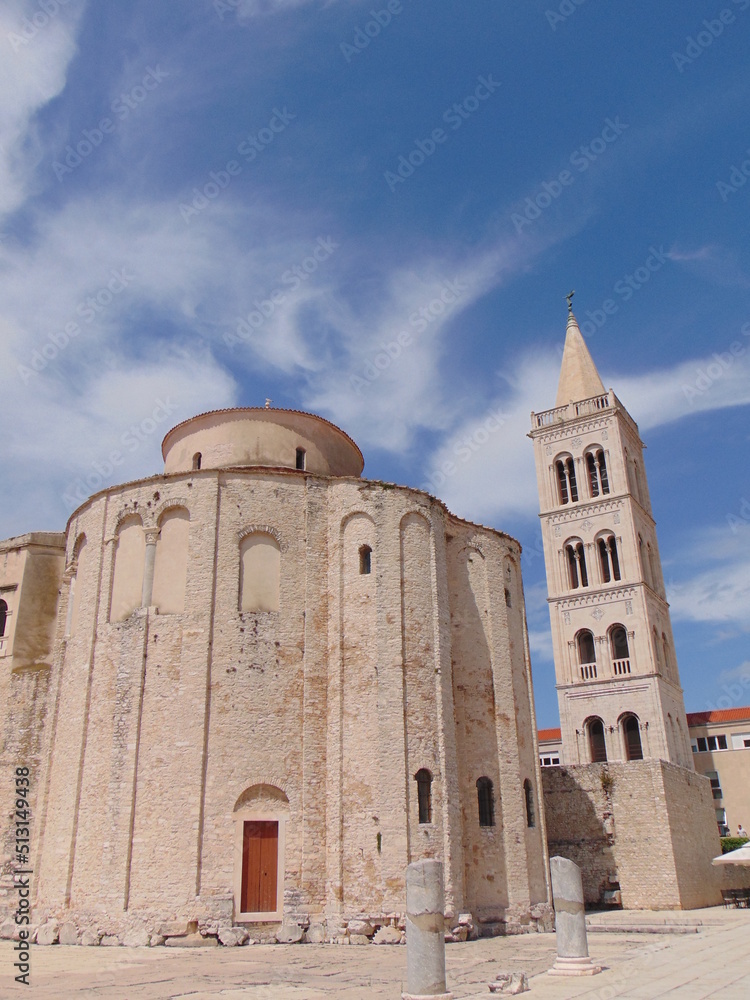 City of Zadar, Croatia, June 01.,2022., View of Saint Donat church against white and blue sky
