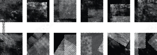 Glitch distorted geometric textures . Noise destroyed logo . Trendy defect error shapes . Glitched frame .Grunge textured . Distressed effect .Vector shapes with a halftone dots screen print texture.