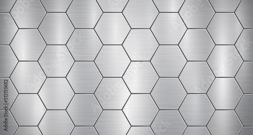 Abstract metallic background in gray colors with highlights, consisting of voluminous convex hexagonal plates