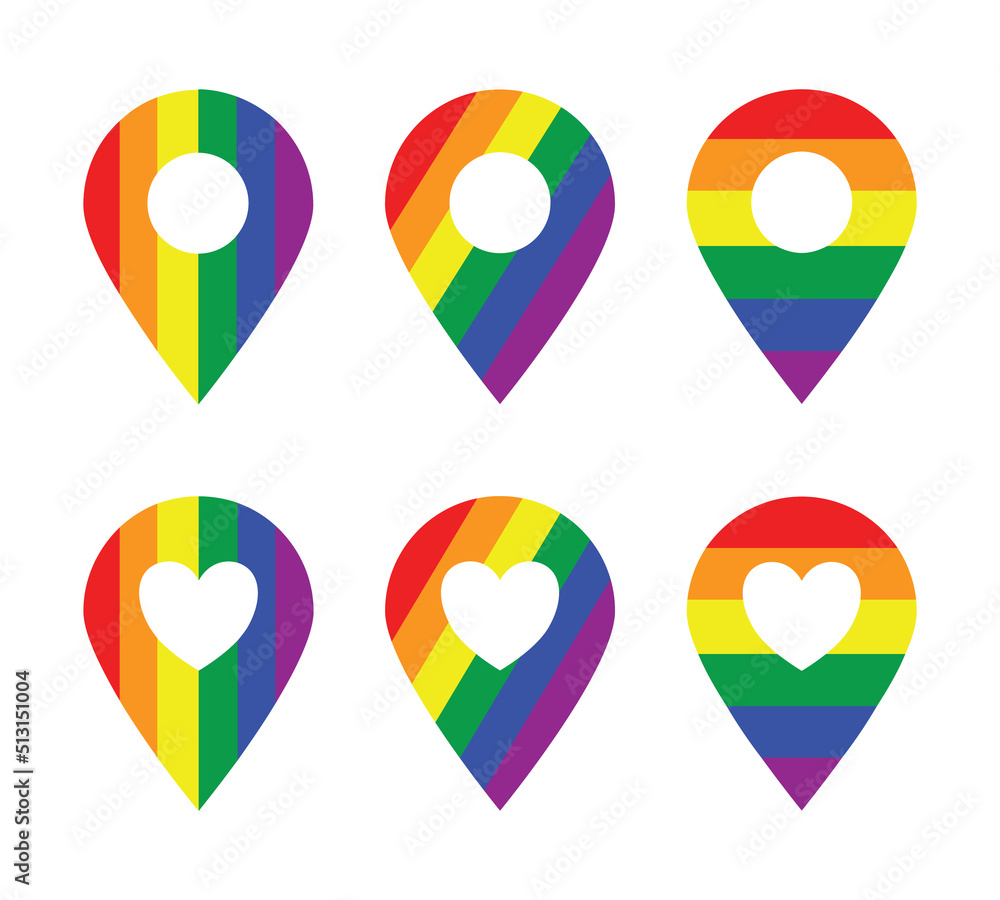 Gps map pin icon set with rainbow colors. For tagging locations of lgbt pride events on the map. Gps map pin icon set with rainbow colors. For tagging locations of lgbt pride events on the map.