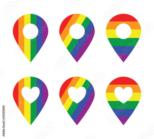 Gps map pin icon set with rainbow colors. For tagging locations of lgbt pride events on the map.