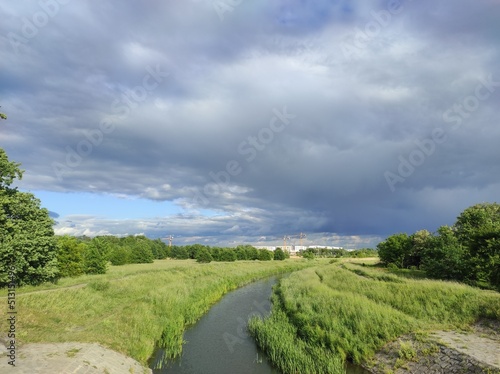 the bed of the Ślęza River in Wrocław, the embankments by the river covered with grasses and other vegetation