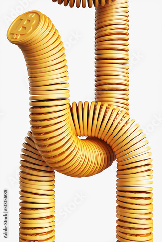 Abstract chain of bitcoin coins. The concept of mining and blockchain. 3d rendering illustration.