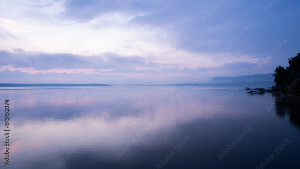 Peaceful and colorful sunrise view on a big lake, Slovakia, Europe