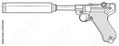 Vector illustration of the P08 Luger automatic pistol with silencer on the white background