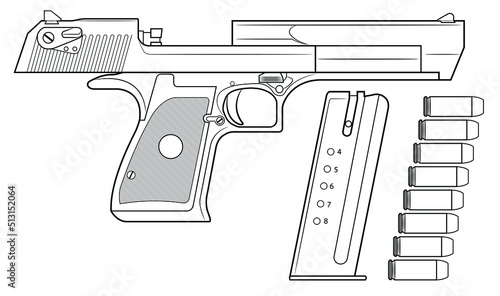 Vector illustration of the Desert Eagle automatic pistol  with the breech in the rear position and the magazine and cartridges on a white background
